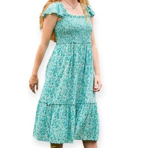 April Cornell XXL Smocked Floral Midi Dress Blue Green Ruffle Sleeve Cottagecore